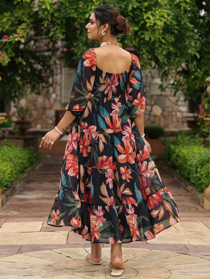 Women's Long Floral Dress With Balloon Sleeves