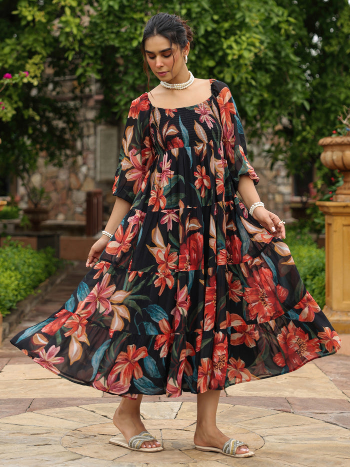 Women's Long Floral Dress With Balloon Sleeves