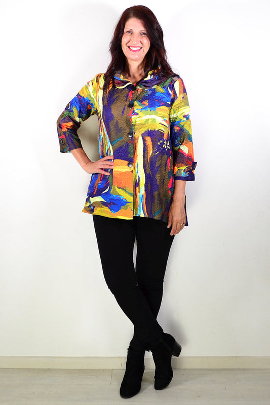 Women’s multicolour printed shacket from Hourglass, styled as a versatile tunic with vibrant patterns and a casual fit.