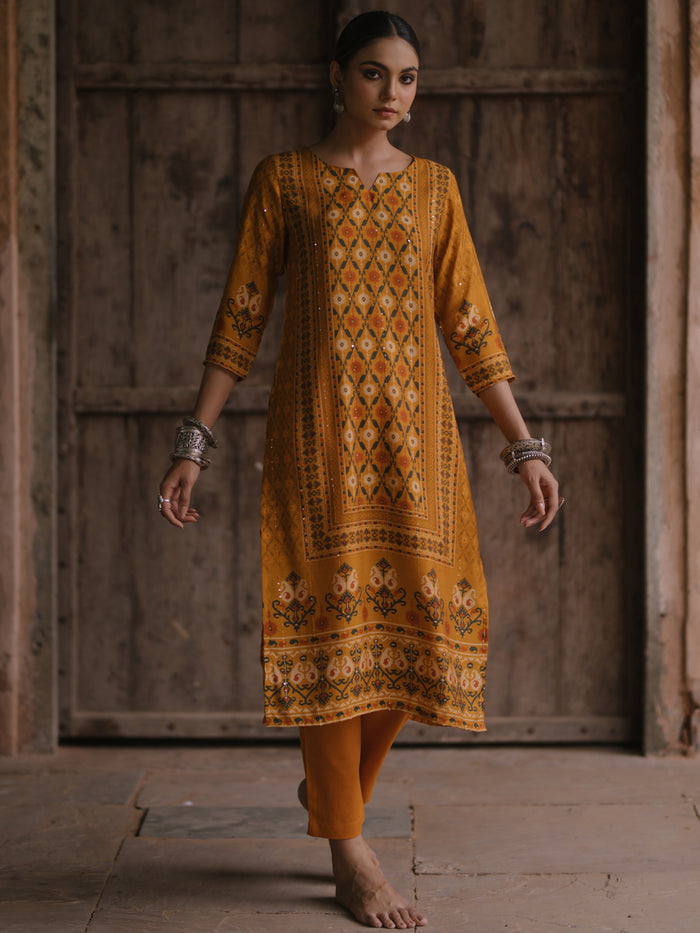 Women's Mustard Sequinned Straight Kurta With Pants