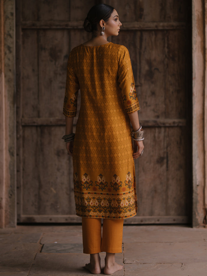 Women's Mustard Sequinned Straight Kurta With Pants