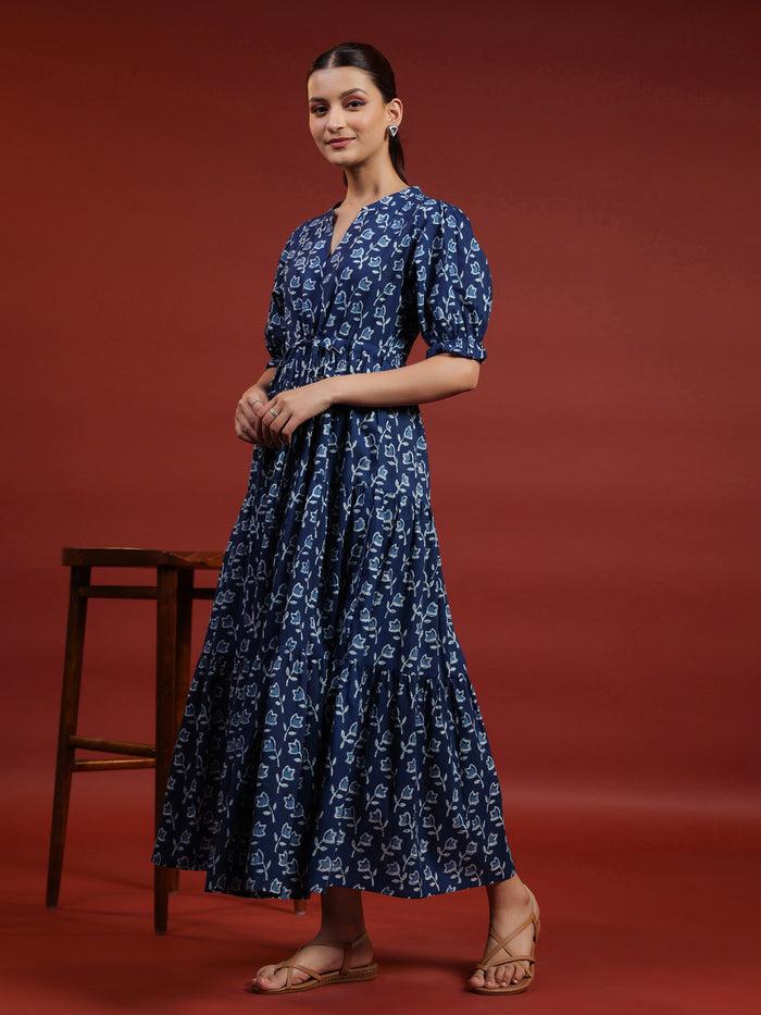 Women's Navy Blue Printed Tier Dress