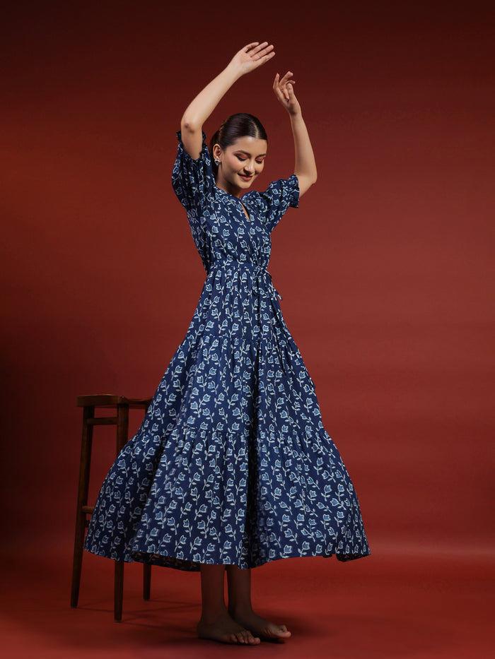 Women's Navy Blue Printed Tier Dress
