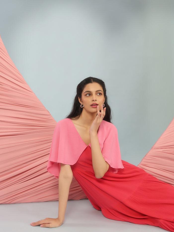 Women's Pink Flared Dress With Cape Sleeves
