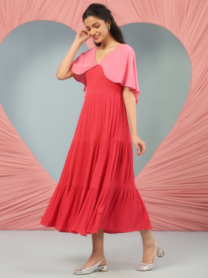 Women's Pink Flared Dress With Cape Sleeves