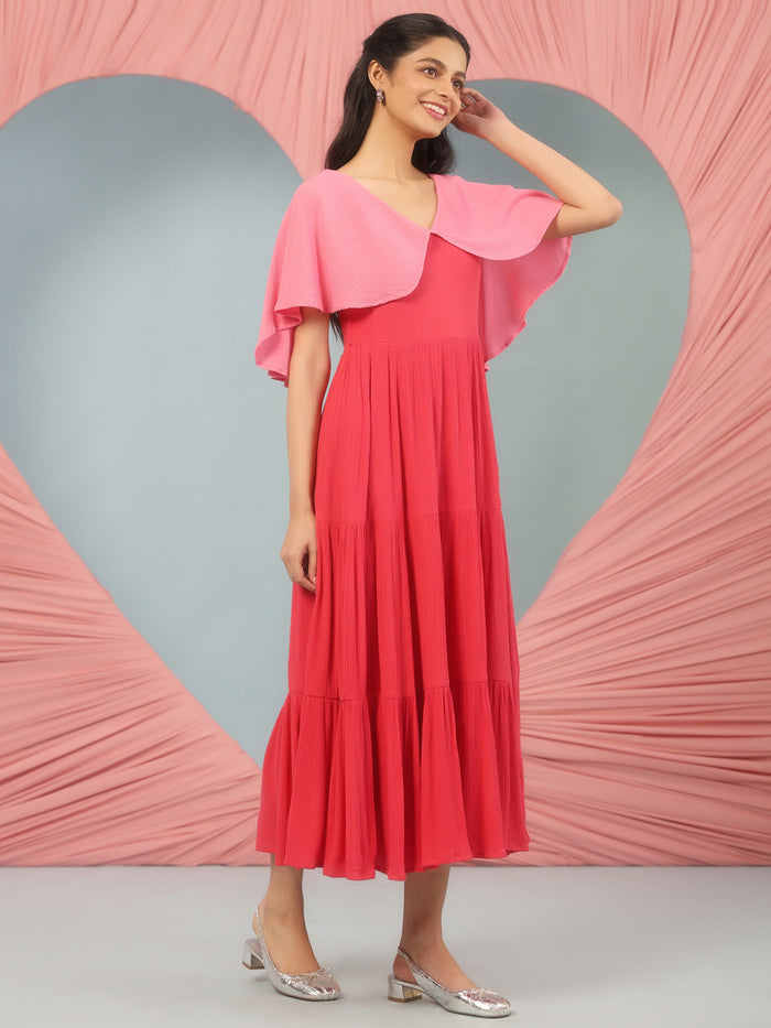 Women's Pink Flared Dress With Cape Sleeves