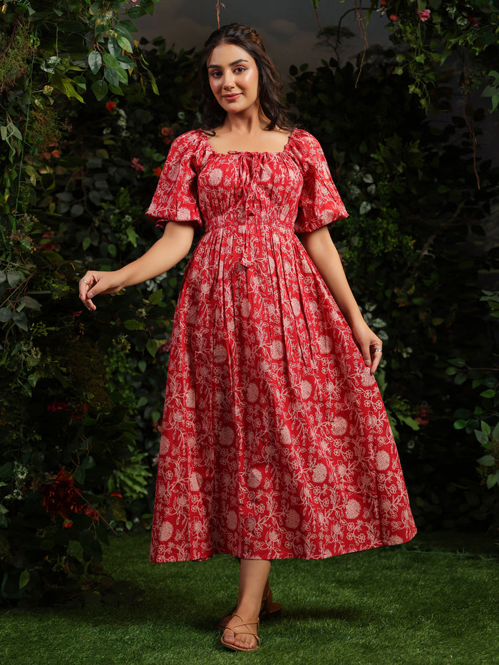 Women's Red long Cotton dress with balloon sleeves