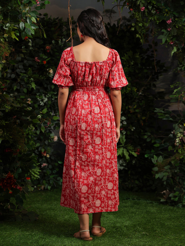 Women's Red long Cotton dress with balloon sleeves