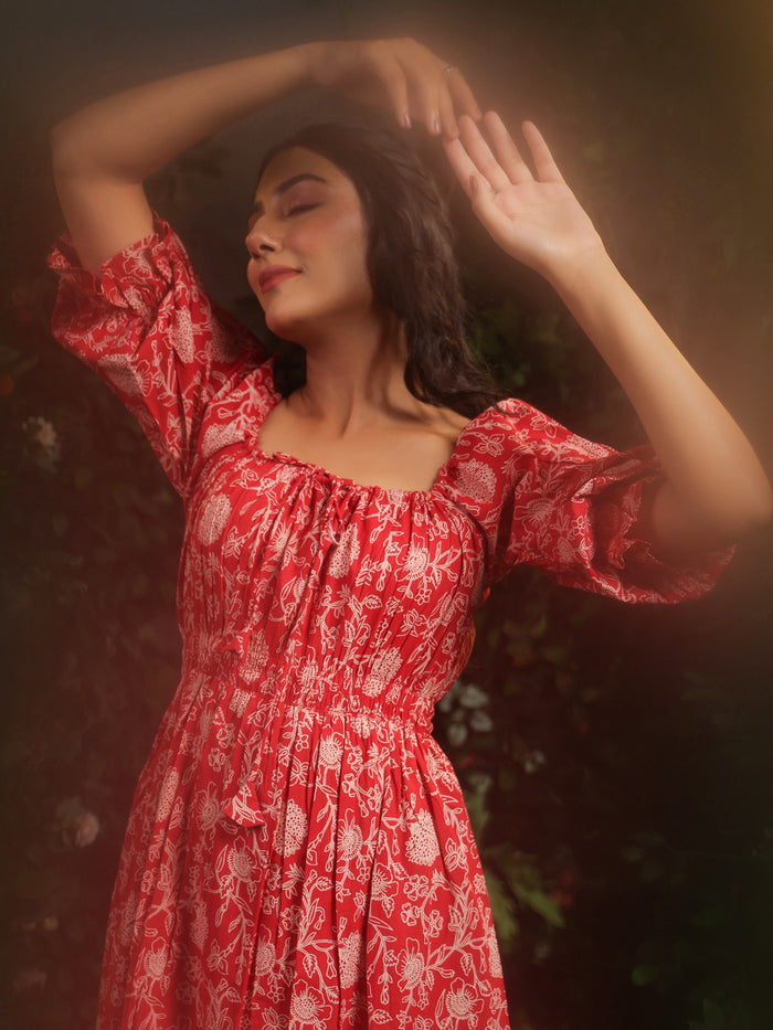 Women's Red long Cotton dress with balloon sleeves