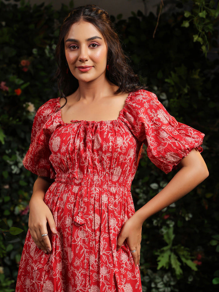 Women's Red long Cotton dress with balloon sleeves