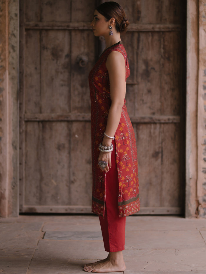 Women's Red Sequinned Straight Kurta With Pants