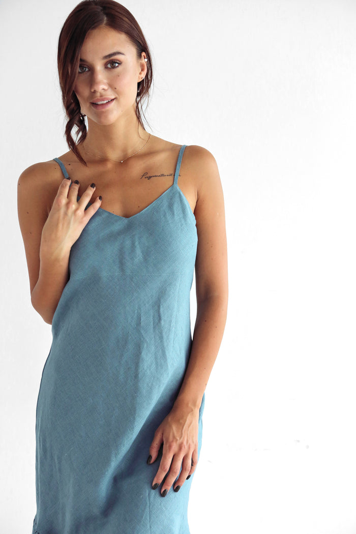 Women's Ruffled Linen Dress BAYA in Blue grey