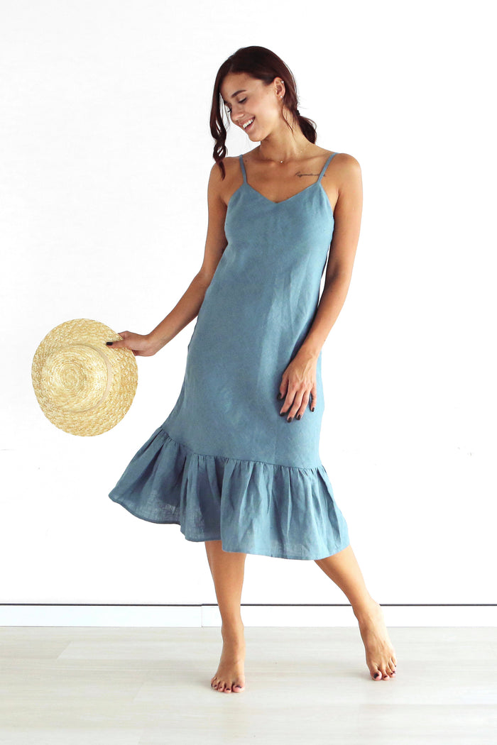 Women's Ruffled Linen Dress BAYA in Blue grey