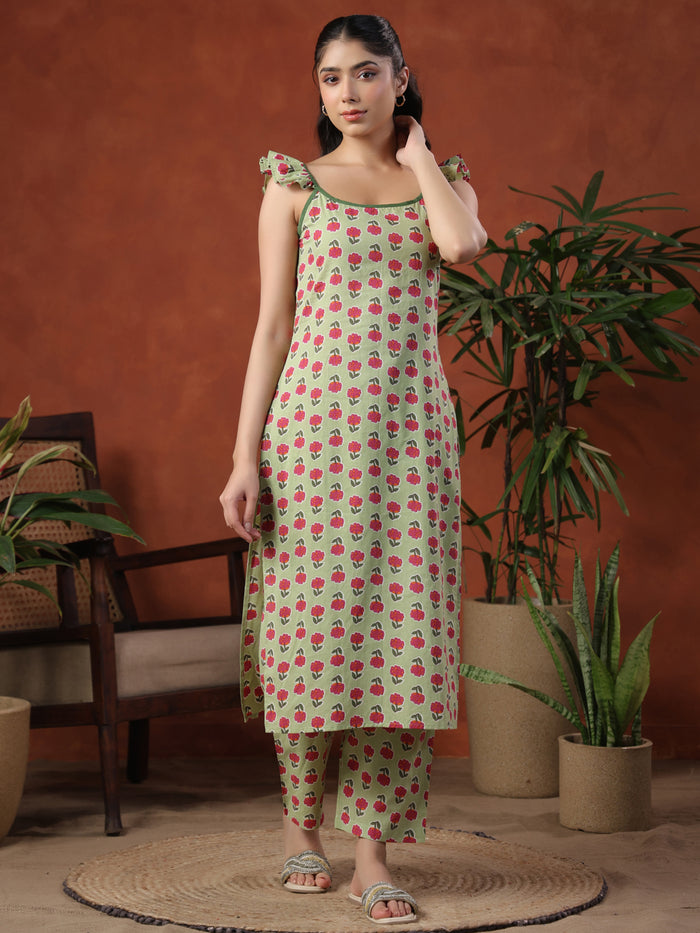 Women's Ruffled Sleeveless Straight Kurta Set