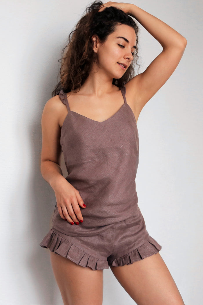 Women’s Ruffled Straps Linen Top FLORIN in Latte