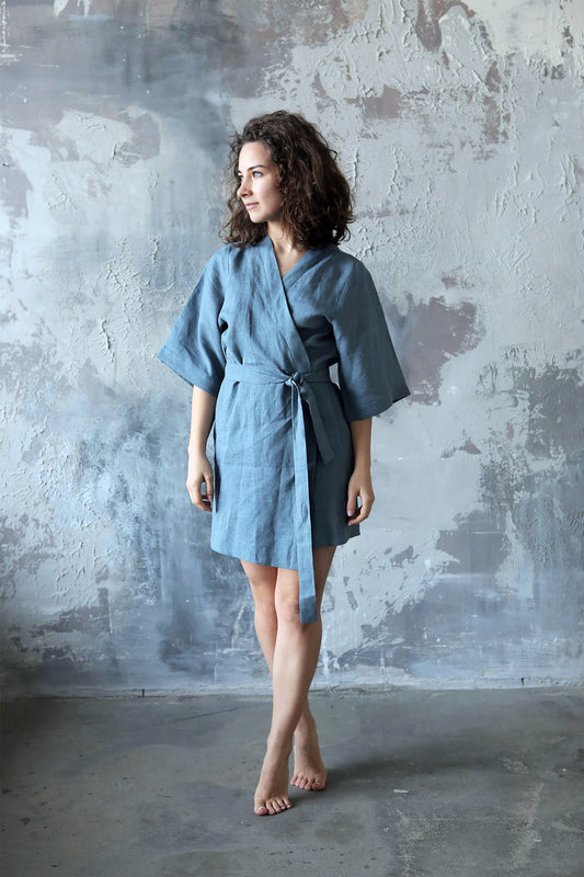 Women’s Short Linen Kimono UME in Blue grey