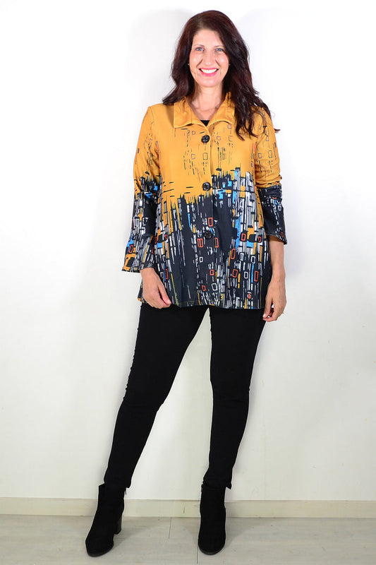 Women’s Winter Printed Jacket Skyline Edition by Hourglass, stylish tunic with bold winter print, depicted in the image.
